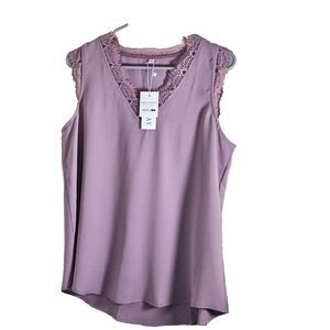 HARHAY Women's V Neck Lace Trim Dressy Tank Top Sleeveless  Sz Med Lavender NWT